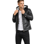 Baston Black Hooded Leather Bomber Jacket