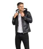 Baston Black Hooded Leather Bomber Jacket