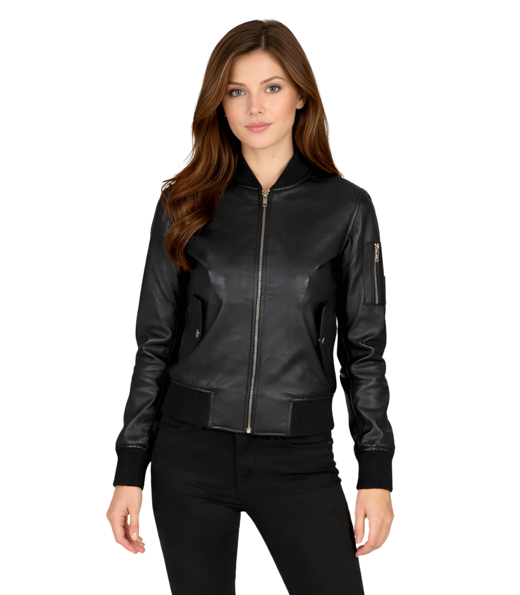 1 Ava Ma-1 Black Leather Bomber Jacket - Image 1