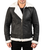 B-3 Distressed Black Leather Bomber Jacket - Image 3