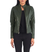 Adalyn Quilted Green Leather Biker Jacket - Image 2