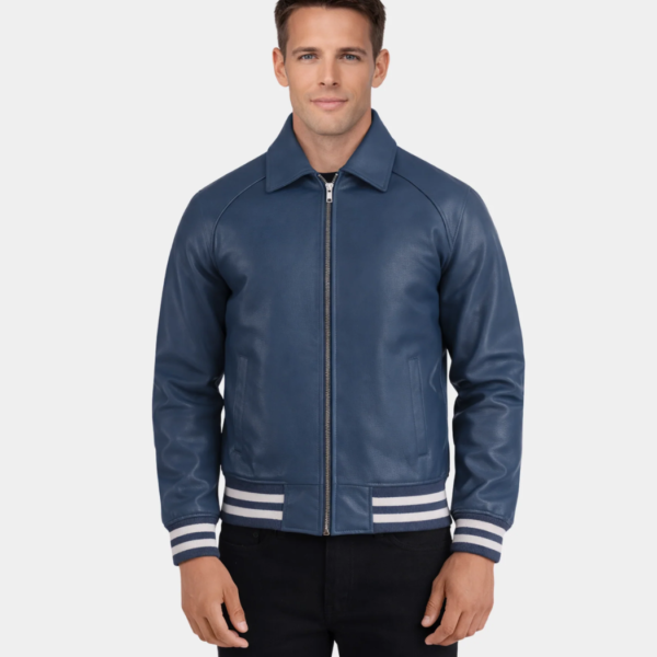 Men's Blue Leather Varsity Jacket - Eirik