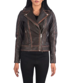 Carolyn Quilted Vintage Brown Biker Jacket - Image 3