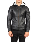 Baston Black Hooded Leather Bomber Jacket - Image 2