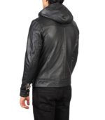 Baston Black Hooded Leather Bomber Jacket - Image 3