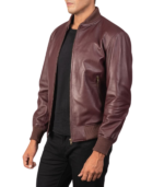 Shane Maroon Leather Bomber Jacket - Image 4