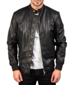Avan Black Leather Bomber Jacket - Image 2