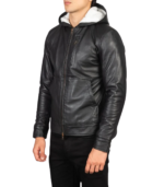 Baston Black Hooded Leather Bomber Jacket - Image 4