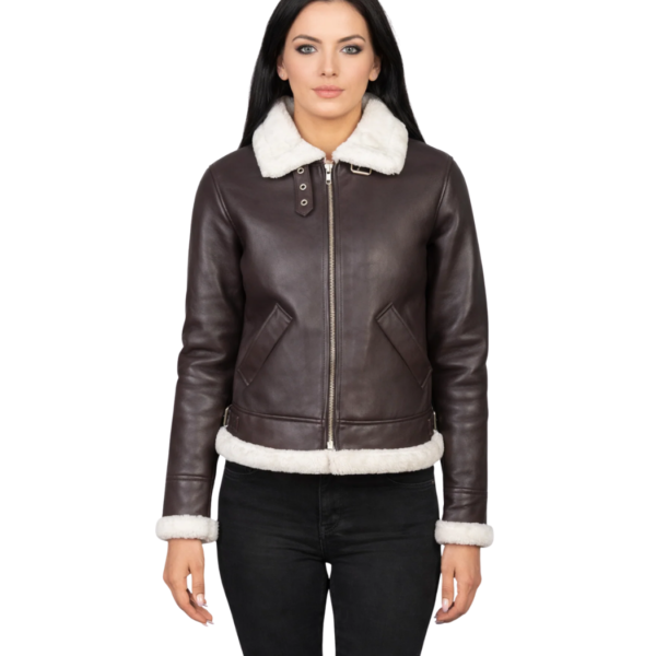 Women's B-3 Maroon Shearling Leather Bomber Jacket - Astrid