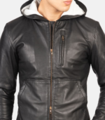 Baston Black Hooded Leather Bomber Jacket - Image 5