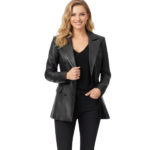 Breanna Women Double Breasted Black Leather Blazer
