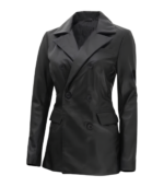 Breanna Women Double Breasted Black Leather Blazer - Image 2