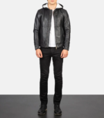 Baston Black Hooded Leather Bomber Jacket - Image 6