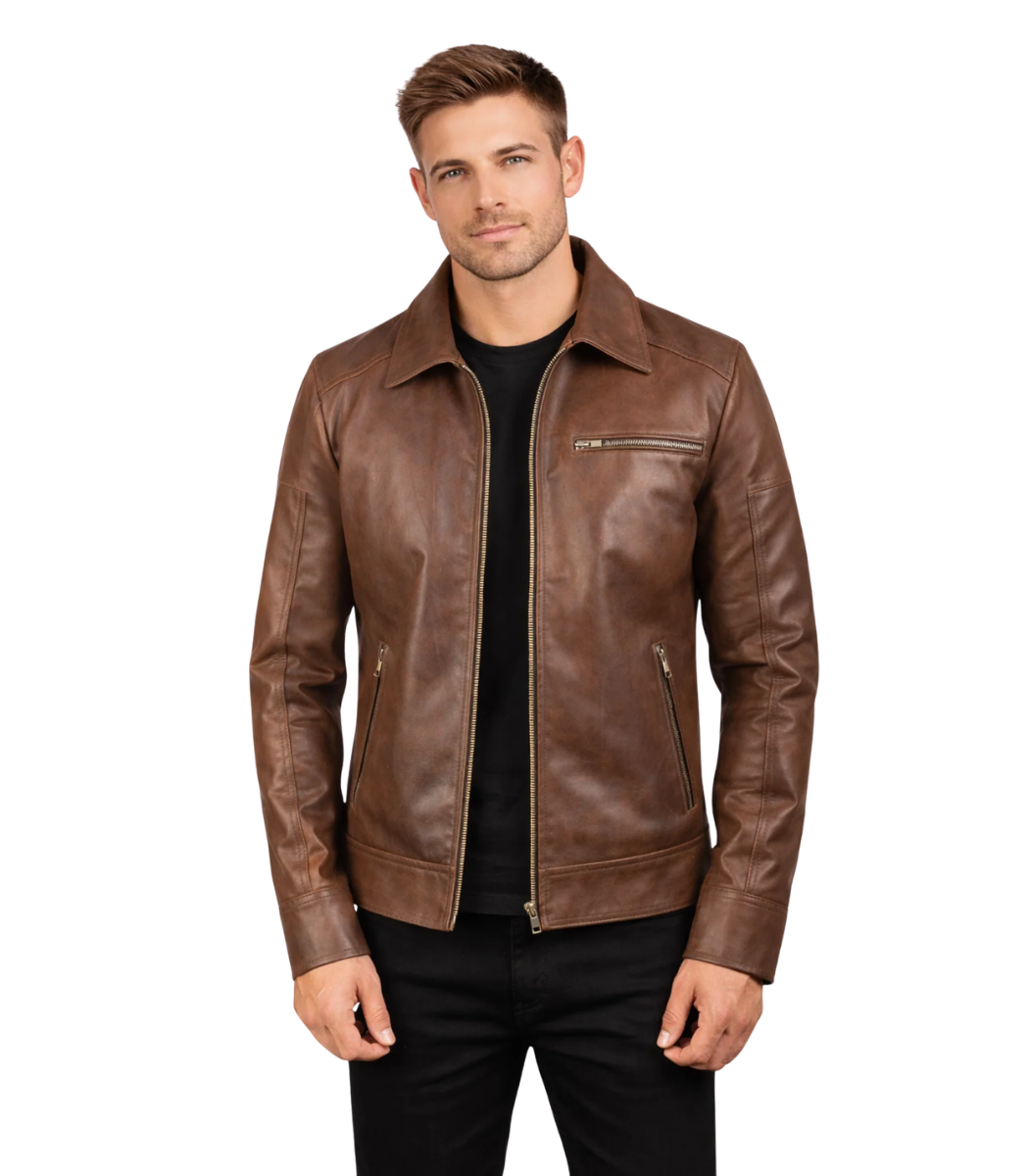 68 Lavendard Brown Leather Biker Jacket - Image 1