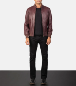 Shane Maroon Leather Bomber Jacket - Image 7