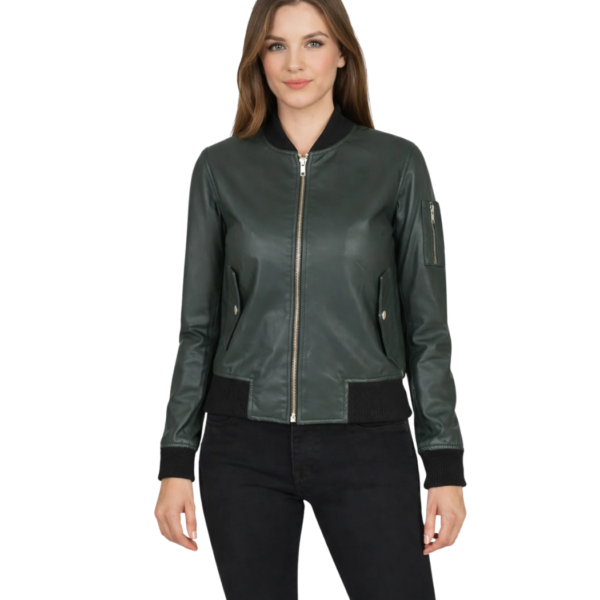 Women's Green MA-1 Leather Bomber Jacket - Ingrid
