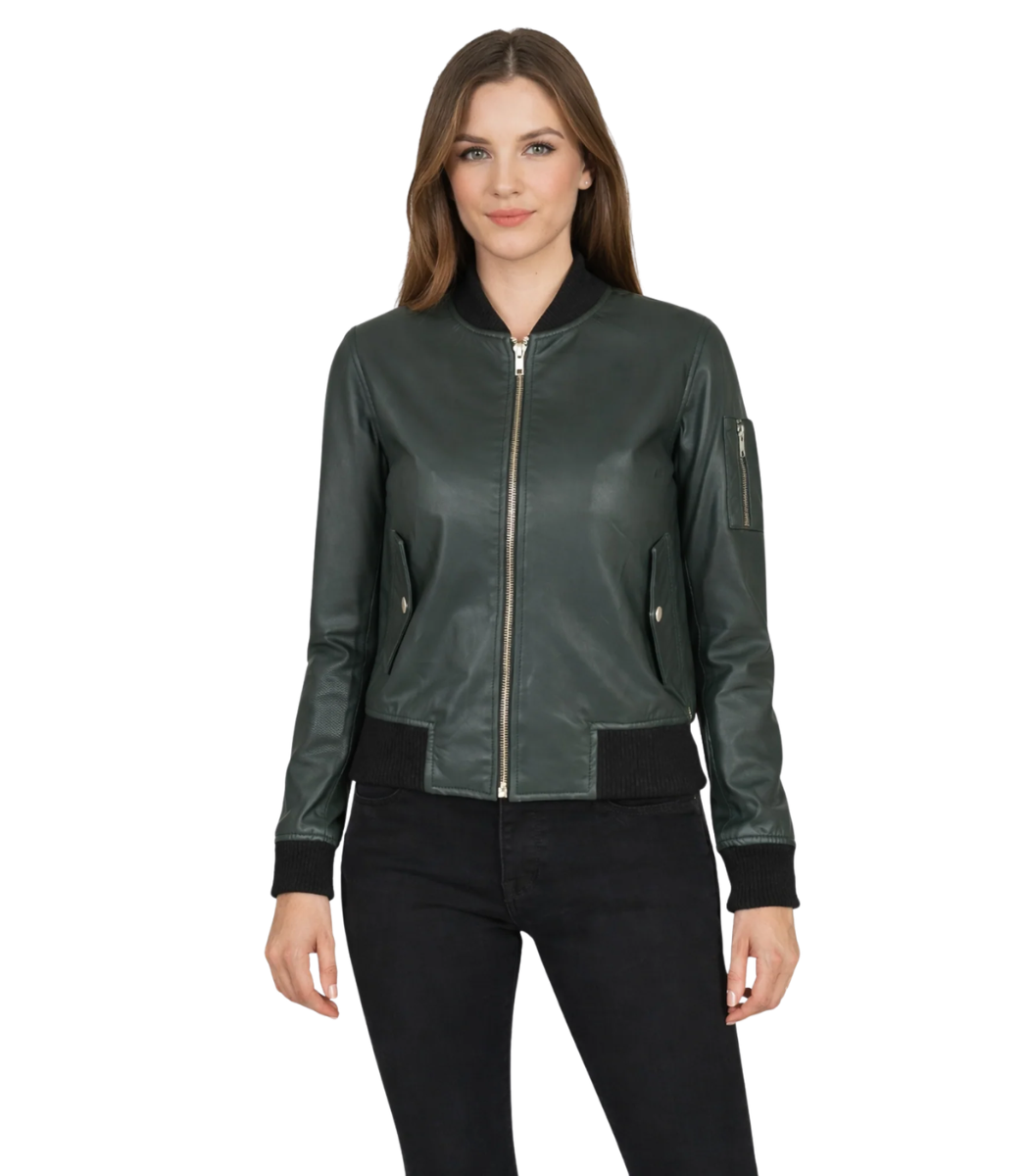 7 Ava Ma-1 Green Leather Bomber Jacket - Image 1