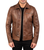 Lavendard Brown Leather Biker Jacket - Image 3