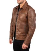 Lavendard Brown Leather Biker Jacket - Image 4