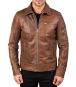 Lavendard Brown Leather Biker Jacket - Image 5