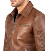 Lavendard Brown Leather Biker Jacket - Image 7