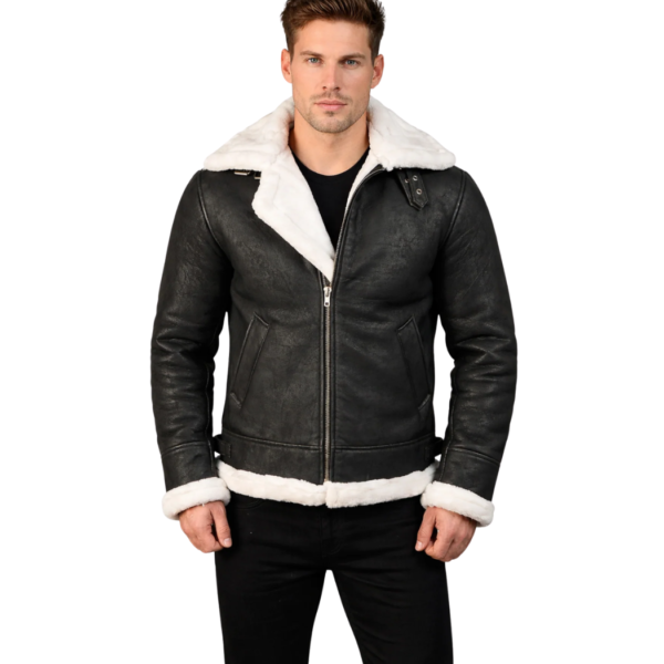 Men's Distressed Black Shearling Leather Bomber Jacket - Ravn