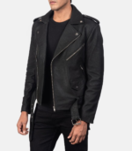 Allaric Alley Distressed Black Leather Biker Jacket - Image 4