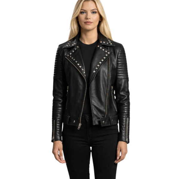 Women's Studded Black Leather Biker Jacket - Alva