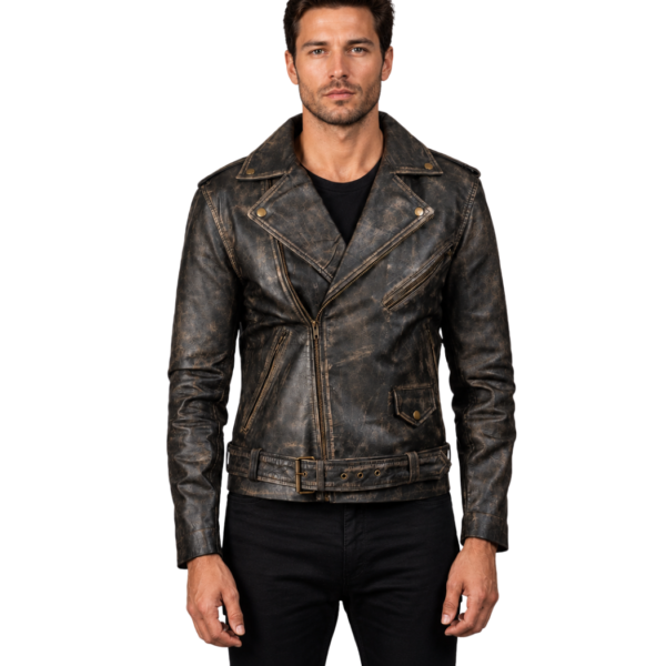 Men's Distressed Brown Leather Biker Jacket - Sverre