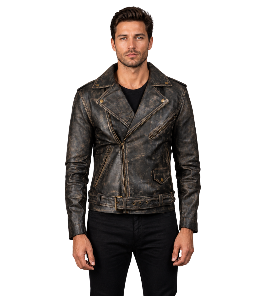 1 Allaric Alley Distressed Brown Leather Biker Jacket - Image 1