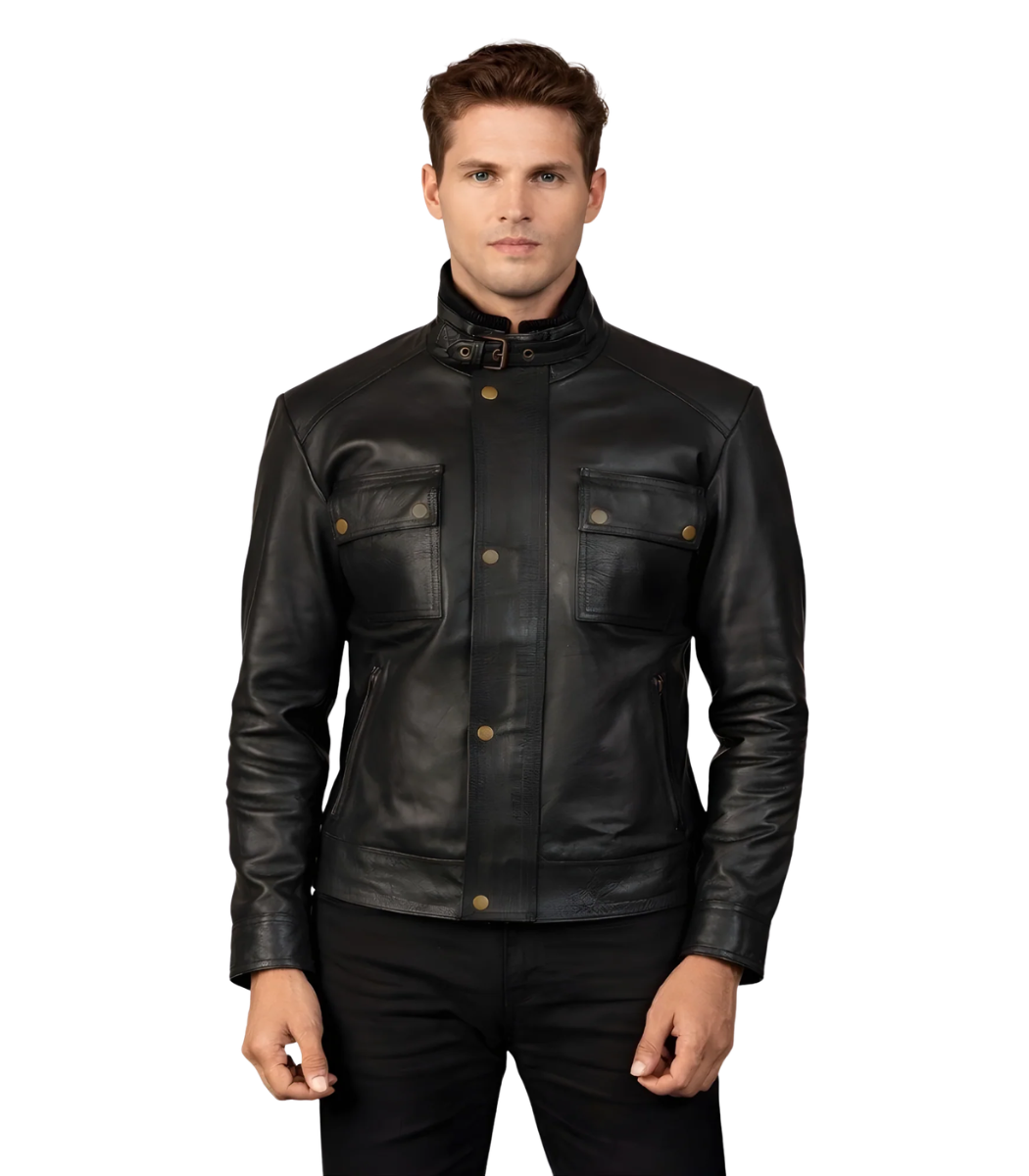 1 Darren Black Leather Biker Jacket - Image 1