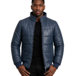 Lucas Blue Leather Puffer Bomber Jacket