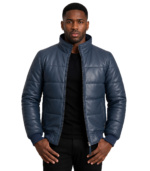 Lucas Blue Leather Puffer Bomber Jacket