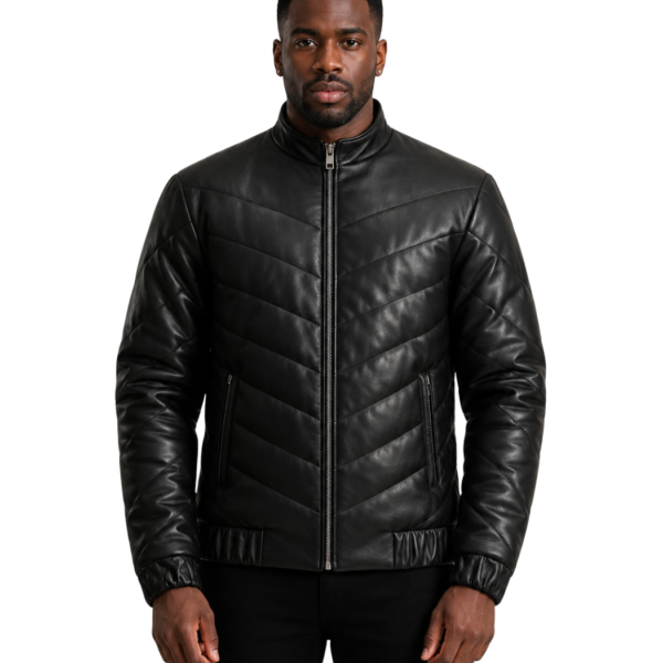 Men's Black Leather Puffer Jacket - Roald