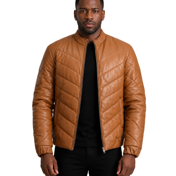 Men's Tan Leather Puffer Jacket - Roald