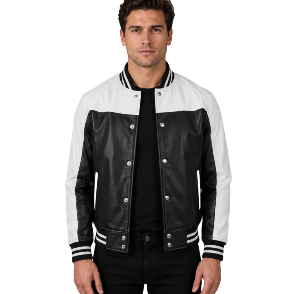 Men's Black & White Leather Varsity Jacket - Mads