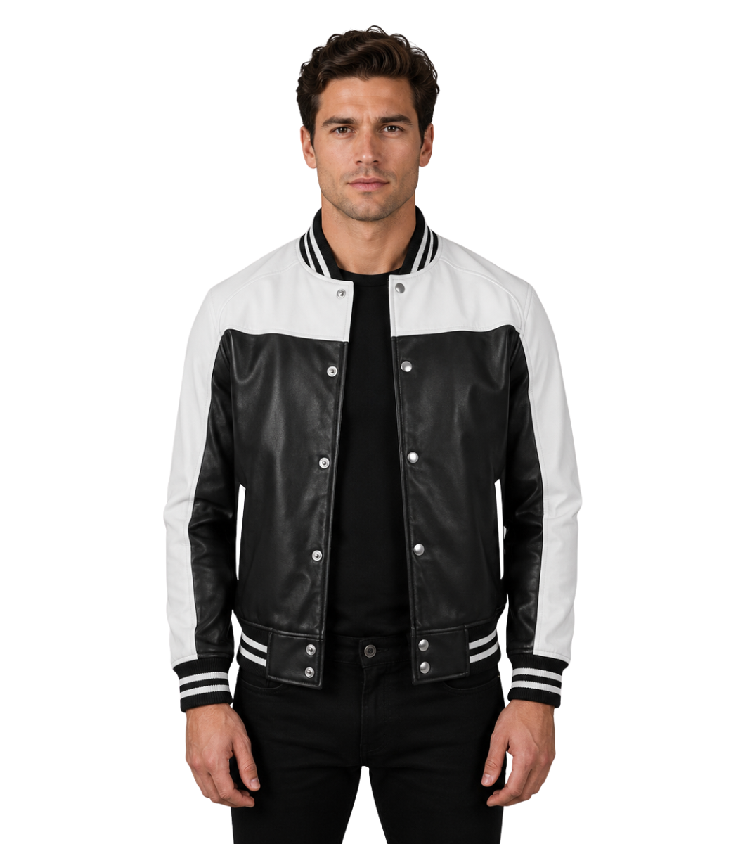 1 Terrance Black & White Leather Varsity Jacket - Image 1
