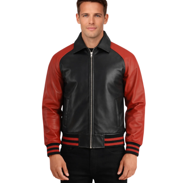 Men's Black & Red Leather Varsity Jacket - Eirik