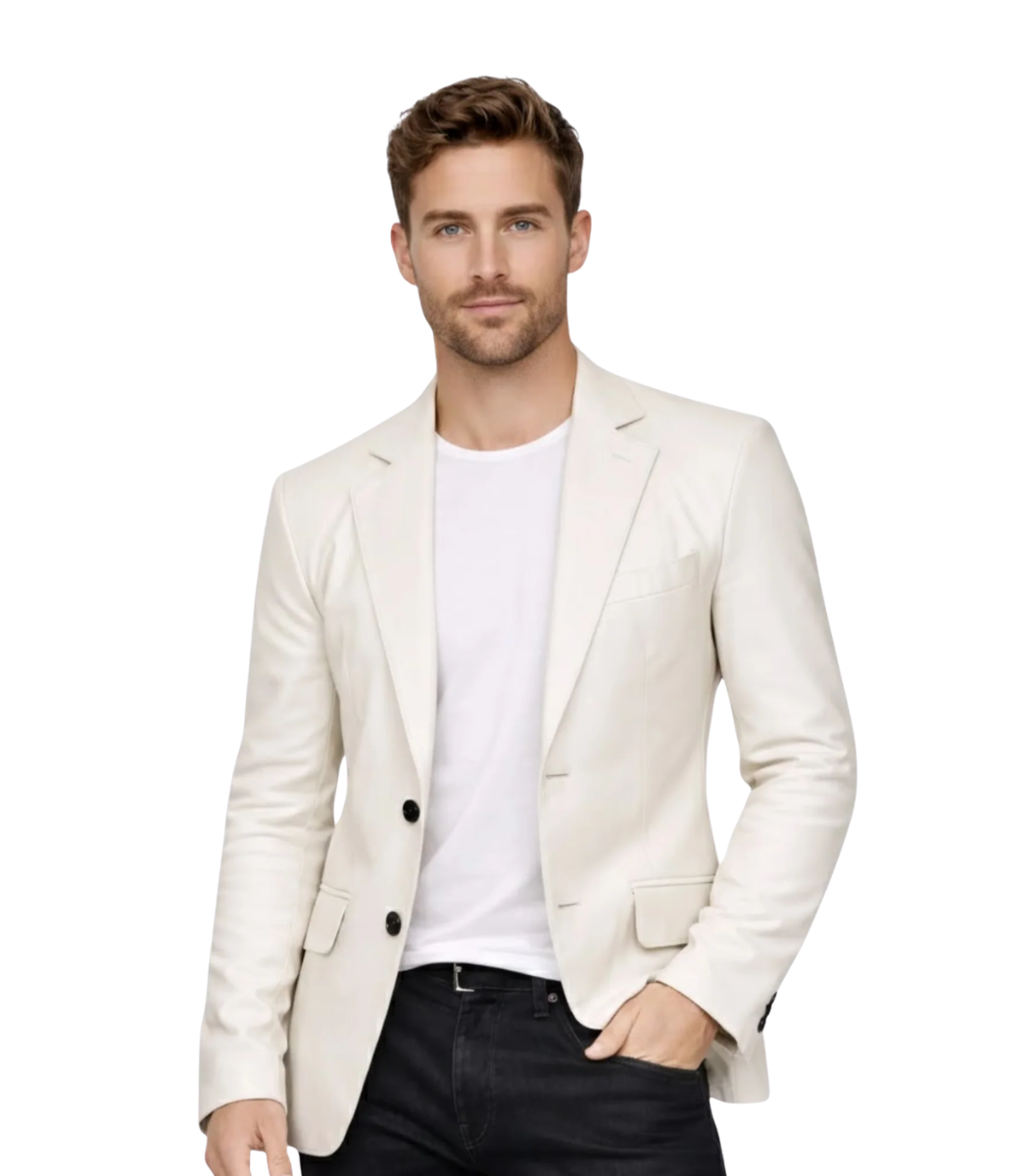 1 Men's White Two-Button Leather Blazer – Bo - Image 1