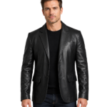 Mens 2 Button Closure Black Leather Blazer