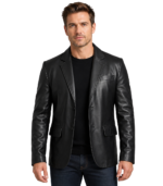 Mens 2 Button Closure Black Leather Blazer