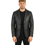 Men's Lapel Color Black Leather Blazer