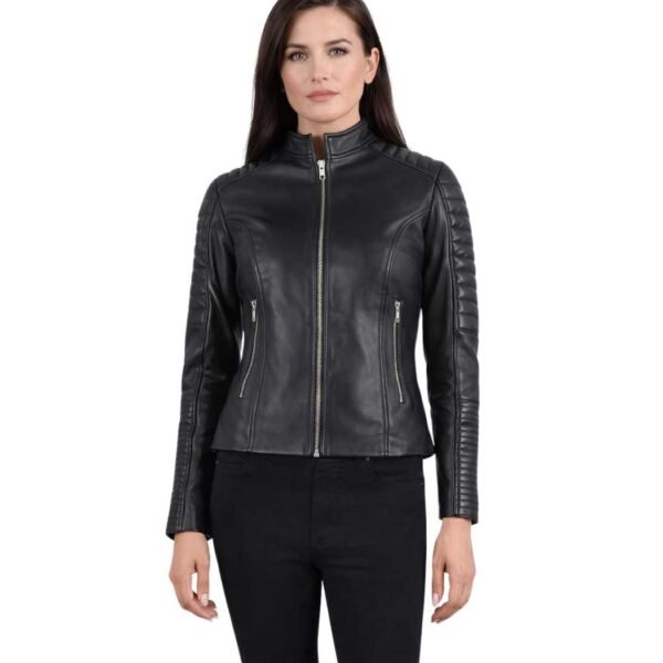 Women's Quilted Black Leather Biker Jacket - Saga