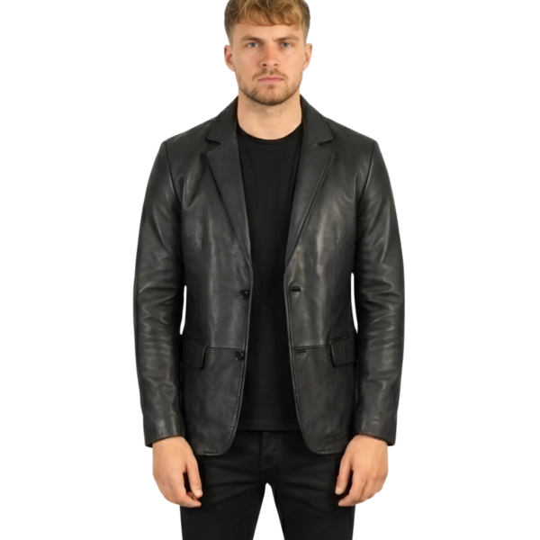 Men's Black Lapel Leather Blazer - Anders