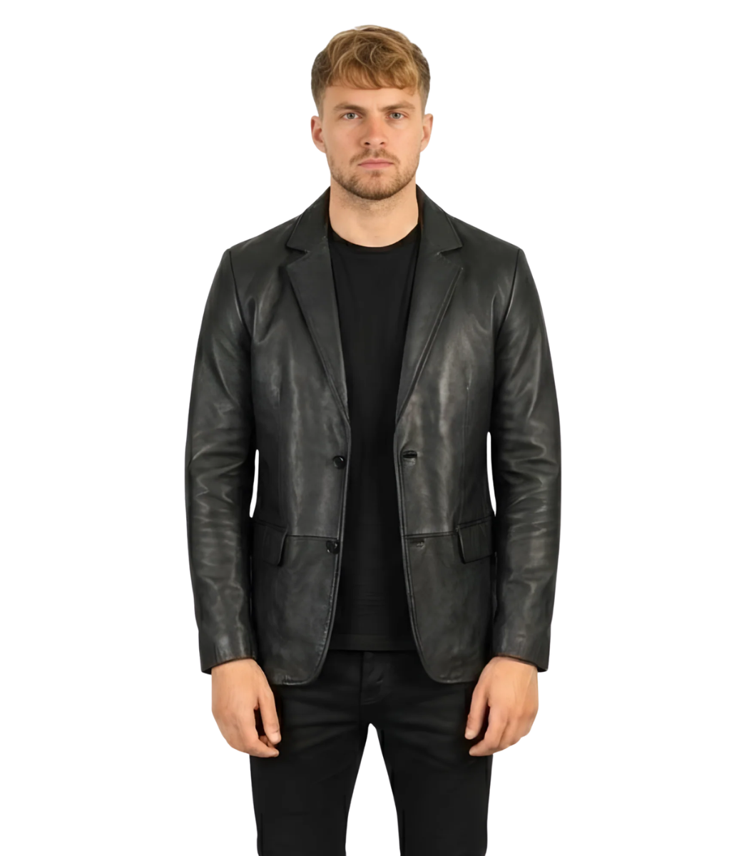 1 Men's Black Lapel Leather Blazer – Anders - Image 1