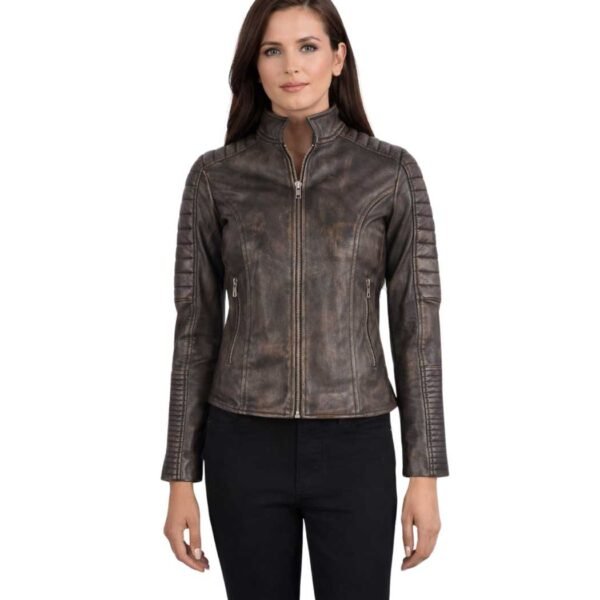 Women's Quilted Distressed Brown Leather Biker Jacket - Saga