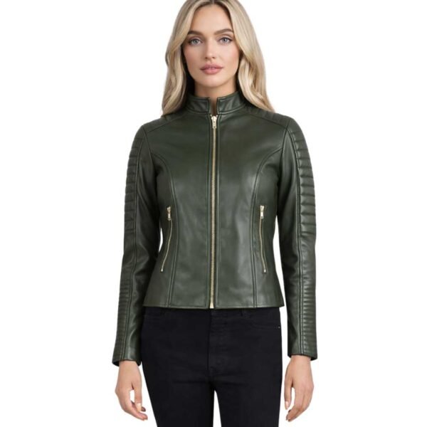 Women's Quilted Green Leather Biker Jacket - Saga