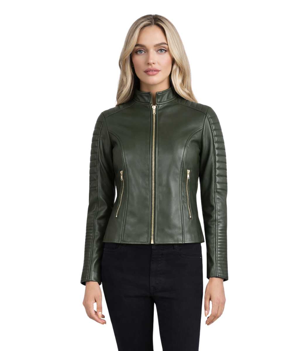 1 Adalyn Quilted Green Leather Biker Jacket - Image 1