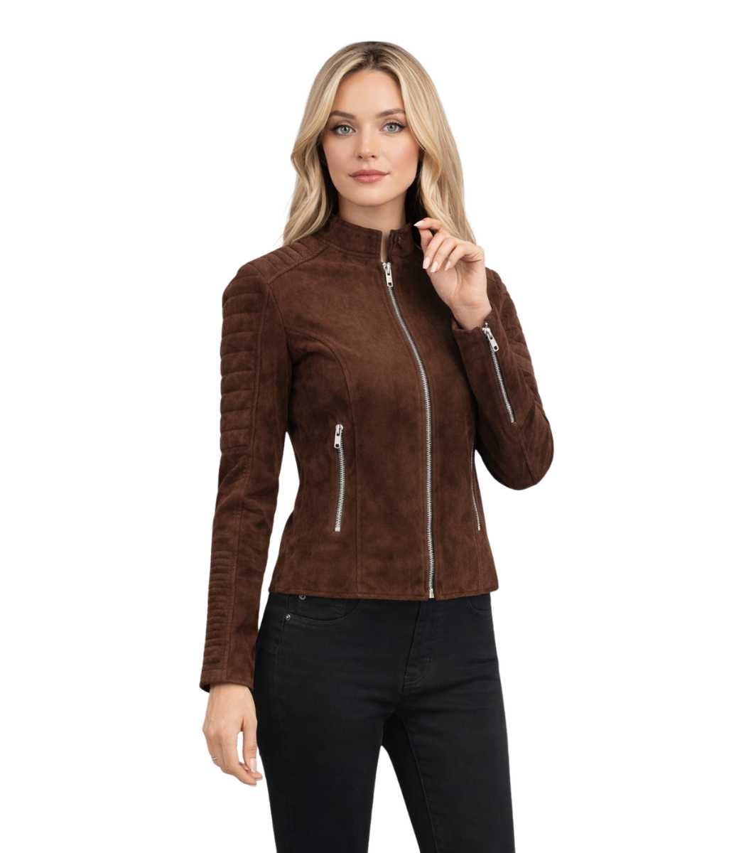 1 Adalyn Quilted Mocha Suede Biker Jacket - Image 1