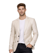 Mens Sports Beige Leather Blazer - Two Button